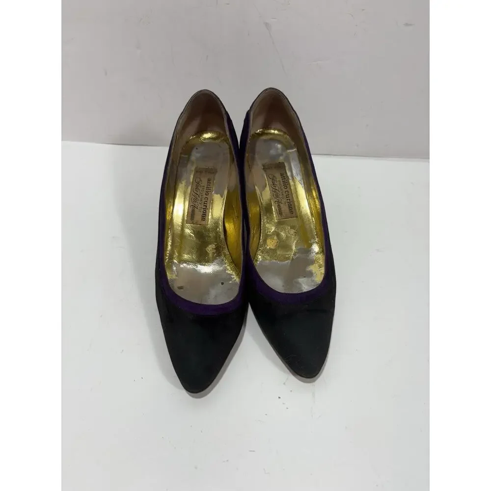 Vintage Saks Fifth Avenue Attilio‎ Curione Italy Black Purple Suede 8 Shoes Heel